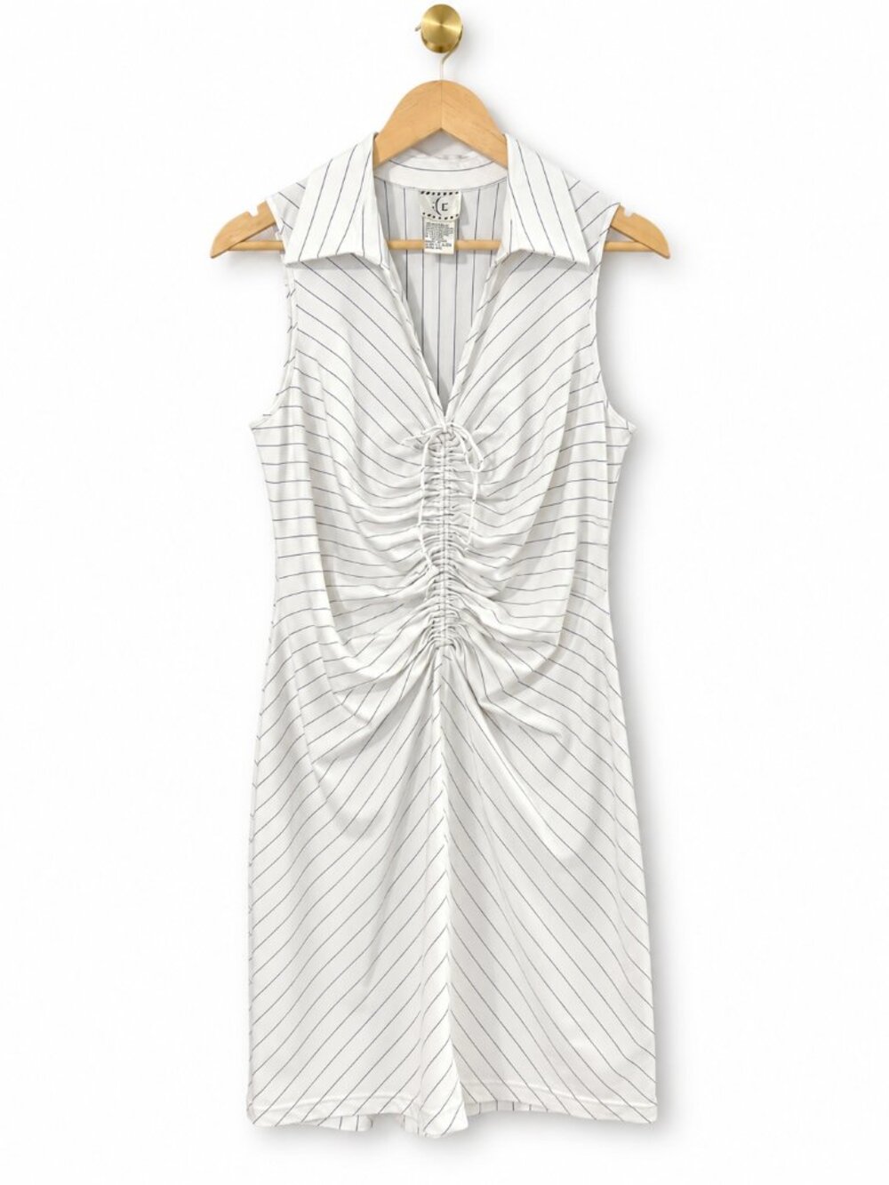 Vintage ICE 90s White Pinstripe Ruched Midi Dress Size 10 Y2K Minimalist